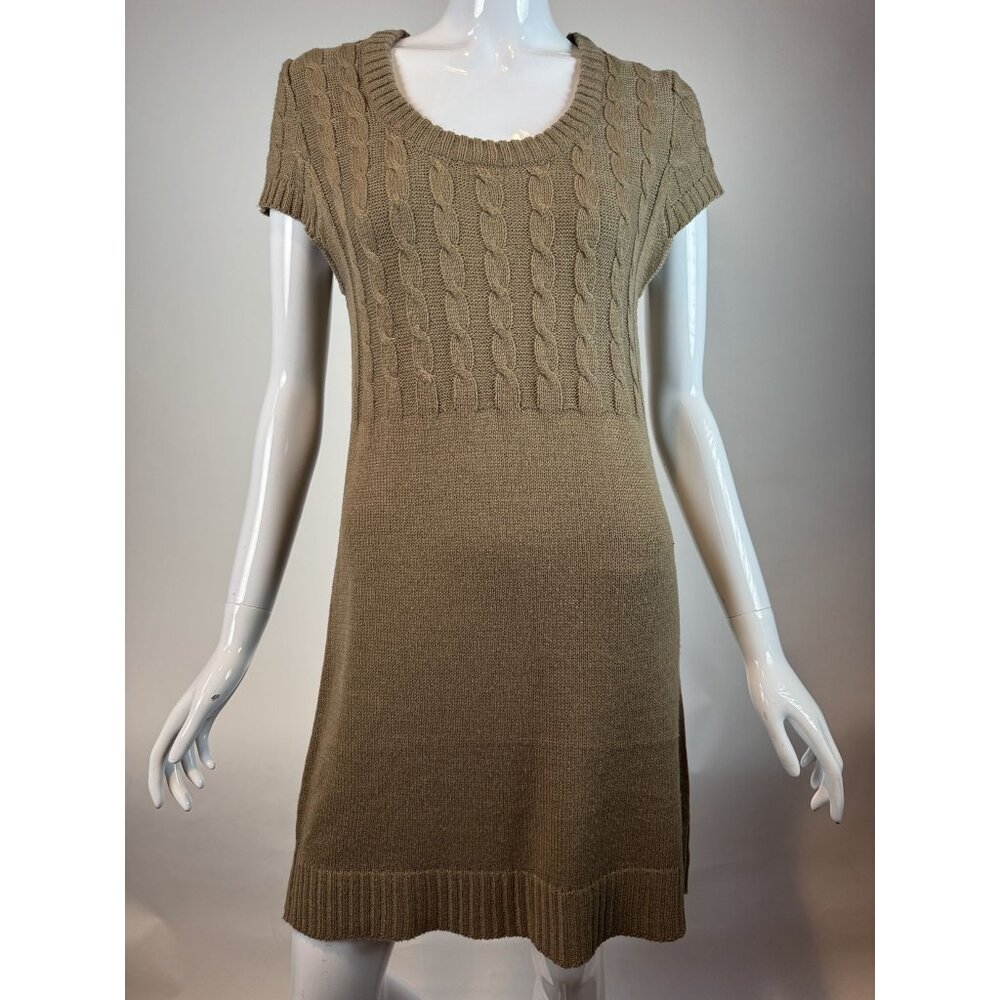 Tan Cable Knit Tunic Dress Short Sleeve Acrylic L